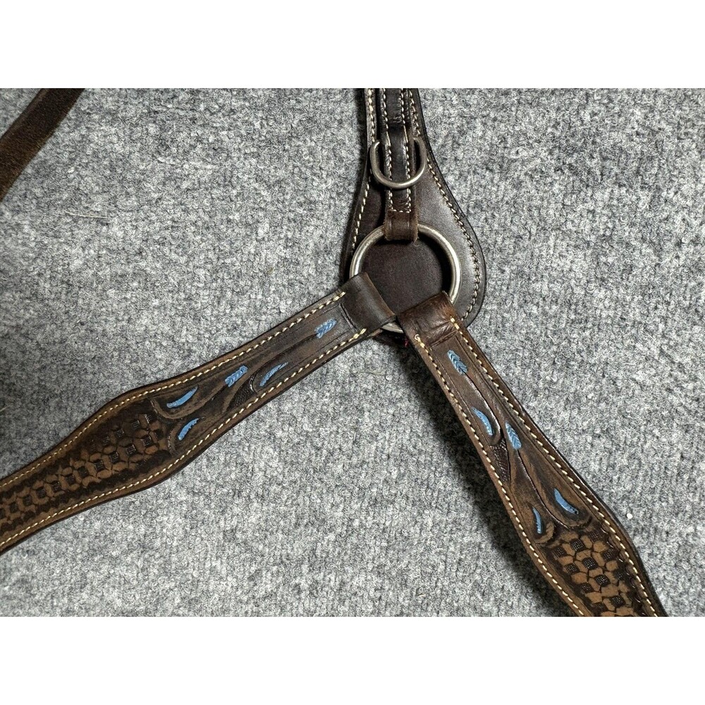 Western Leather Horse Breast Collar Brown Blue Inlay Adjustable Tack Rodeo